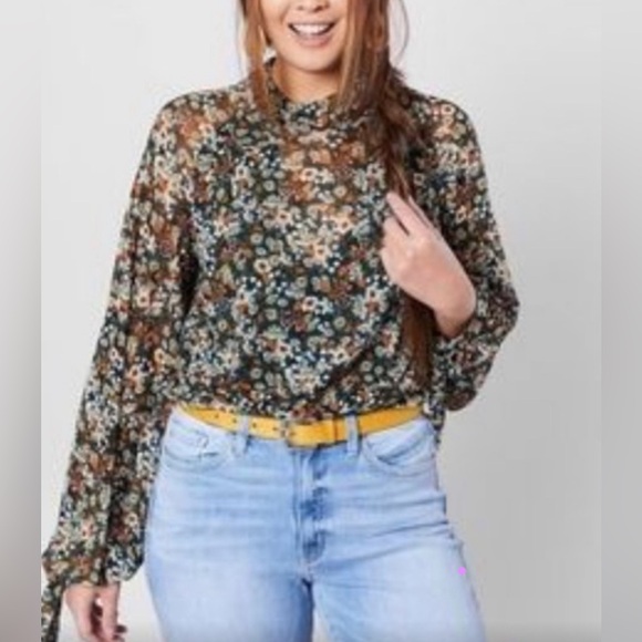 Free People All Dolled Up Floral Green Sheer High Neck Long Sleeve Mesh size L - Picture 2 of 10